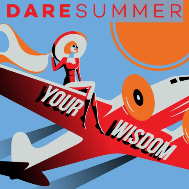 Retro woman in red sitting on a red airplane under 'Dare Summer' text by Yordanka Poleganova