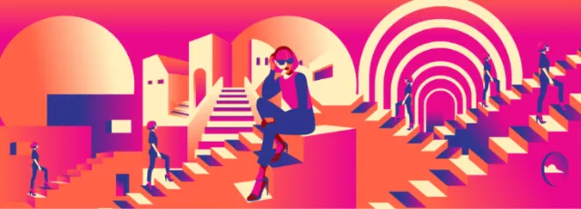 Colorful surreal abstract staircase scene with geometric shapes by Yordanka Poleganova