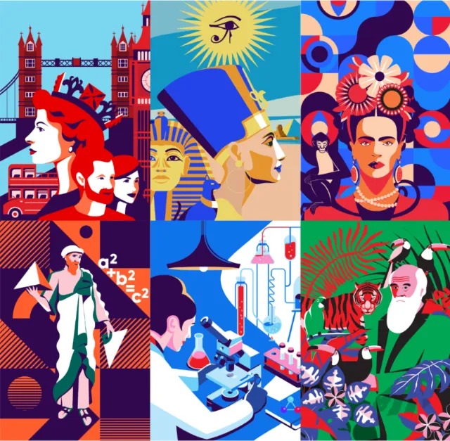 Six-panel colorful pop art collage by Yordanka Poleganova featuring diverse figures