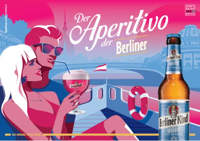 Stylized couple drinking Berliner Kindl Weissbier on boat with cityscape by Yordanka Poleganova