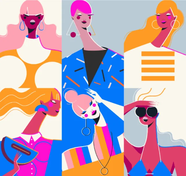 Abstract colorful portraits of six women in geometric style by Yordanka Poleganova