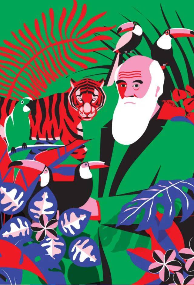 Illustration of Darwin surrounded by exotic birds and a tiger by Yordanka Poleganova