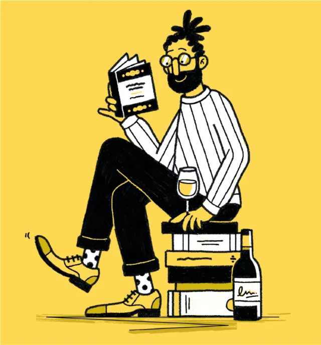 Man reading a book with wine, sitting on stacked books by Paperface