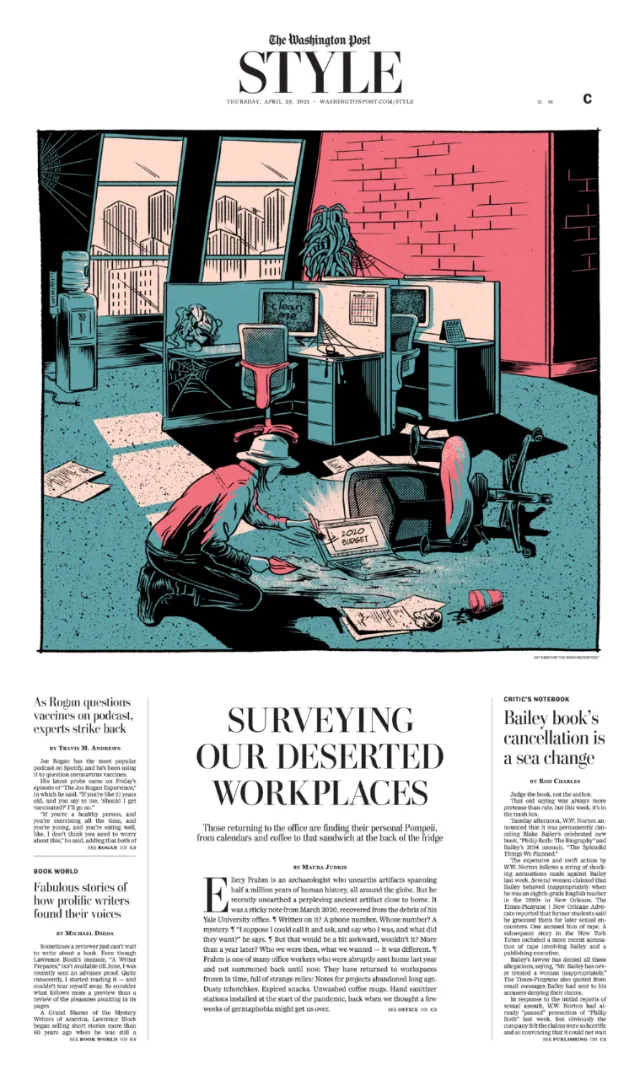 Office workers in empty, deserted workplace, illustration by Cat Sims