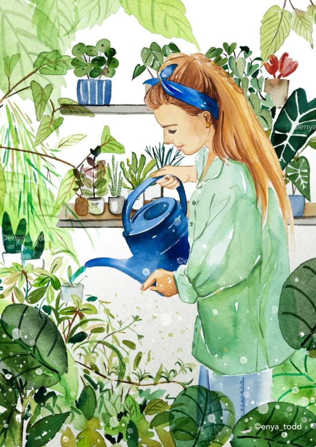 Watercolor painting of a lady watering plants