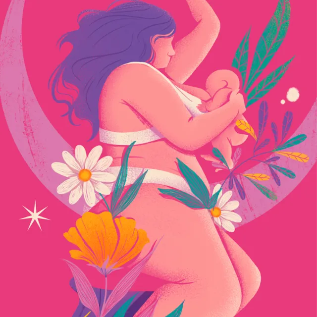 Editorial illustration of breastfeeding woman
