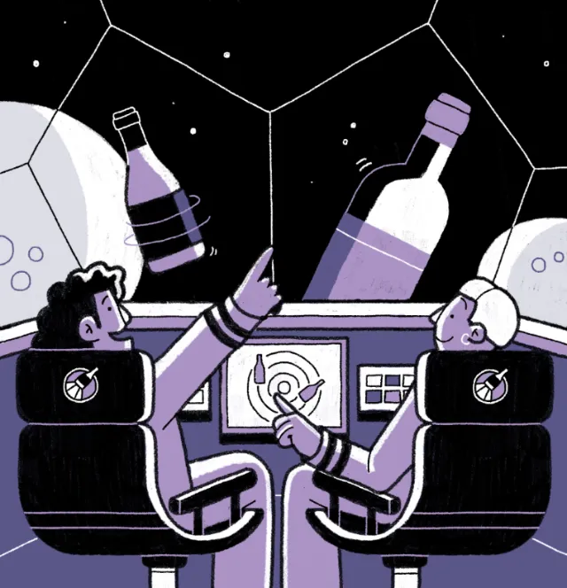 Astronauts in spacecraft observing floating wine bottles in space by Paperface