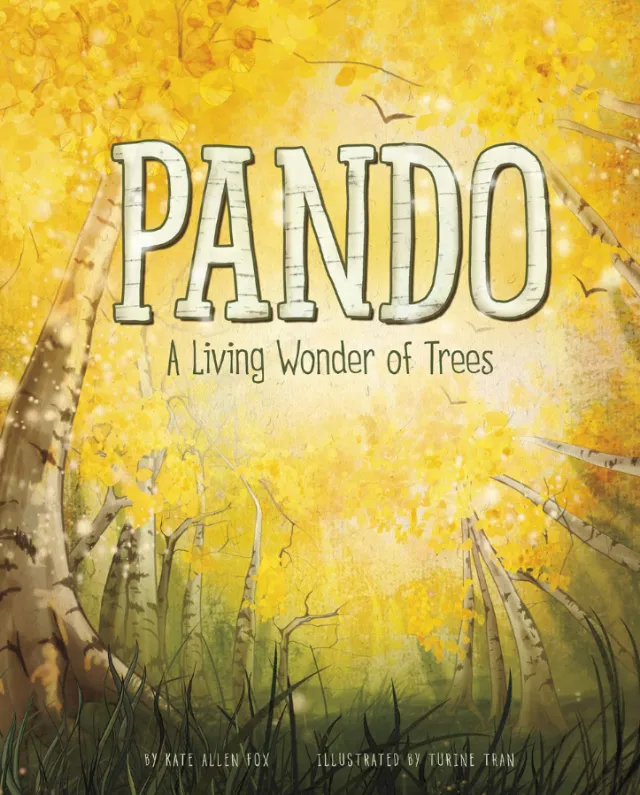 Book cover illustration with golden trees and title Pando by Turine Tran