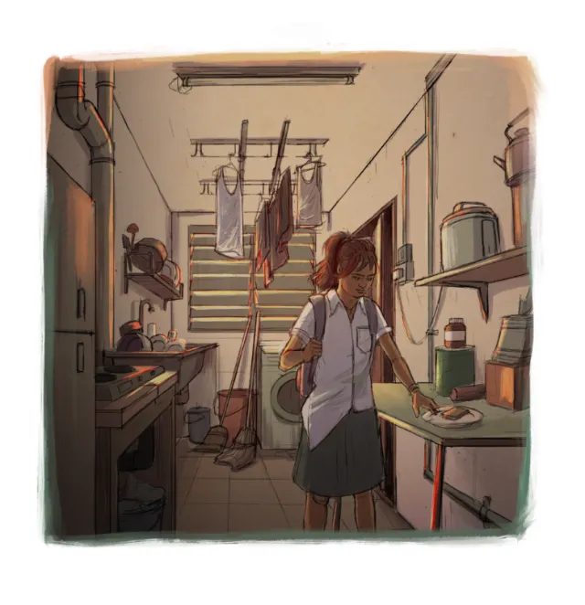 Graphic girl in apartment