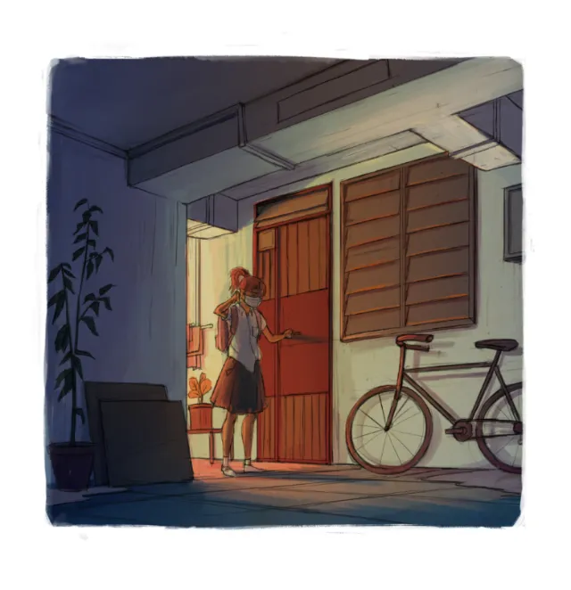 Graphic woman standing at the door