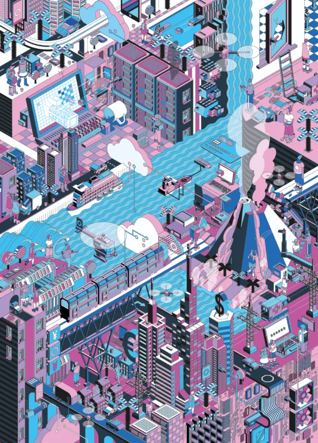 Isometric futuristic cityscape with buildings and structures by Tobias Wandres