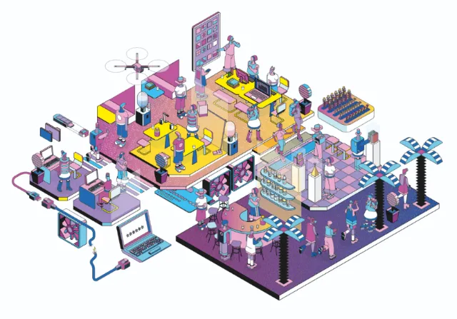 Isometric workspace illustration with digital devices and robots by Tobias Wandres
