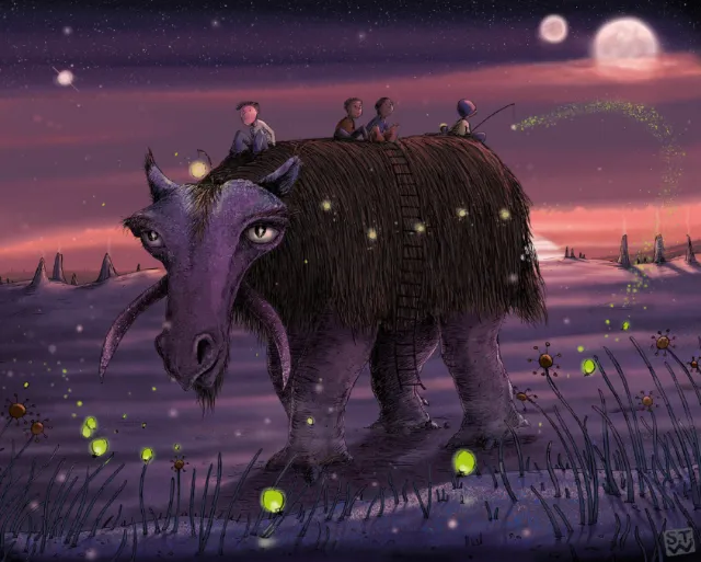 Animal Ox beast carrying four children