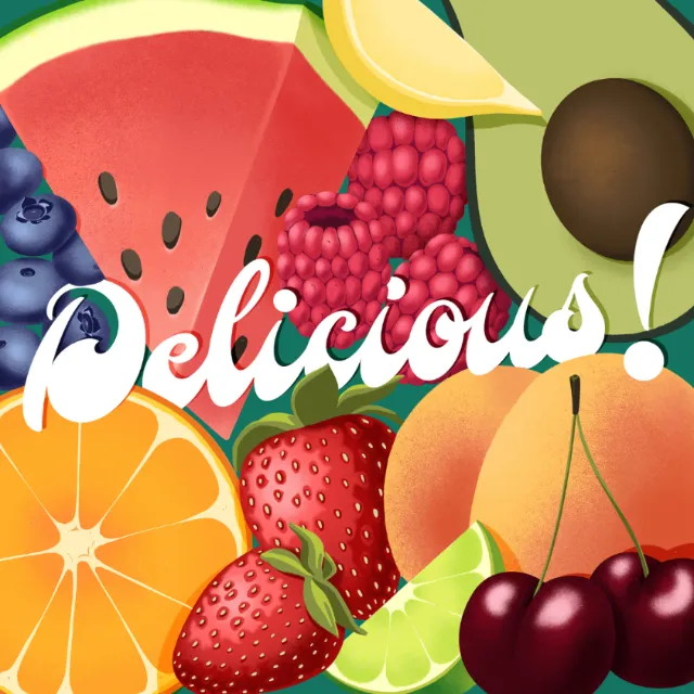 Graphic lettering of delicious fruits