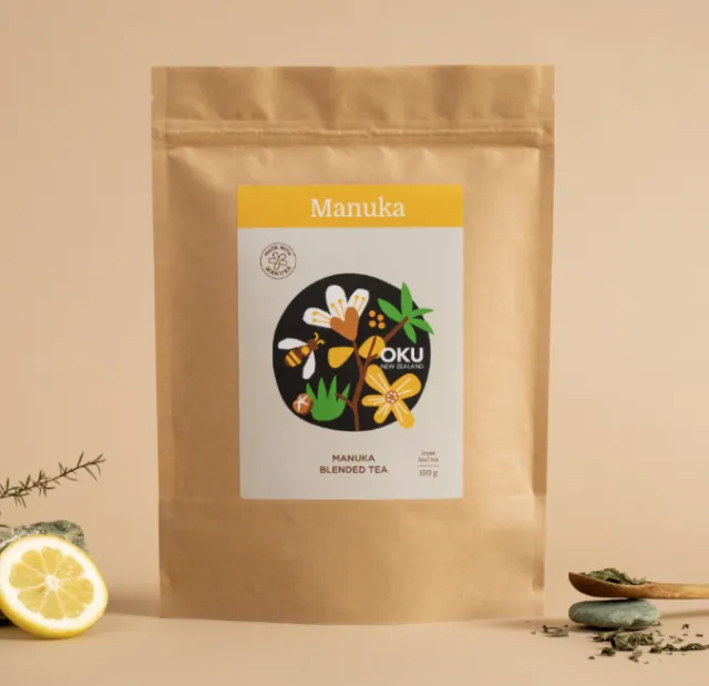 Oku & Manuka Blended 150g loose leaf tea packaging design
