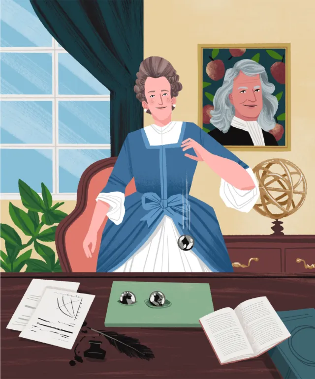 Illustration of Emilie du Chatelet at desk, holding pendulum, with portrait and instruments