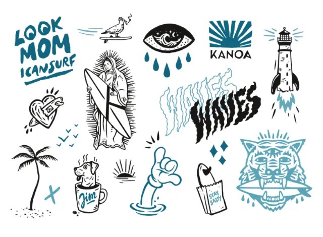 Surf and ocean themed graphic icons including waves, lighthouse, and palm tree by Andy Gellenberg