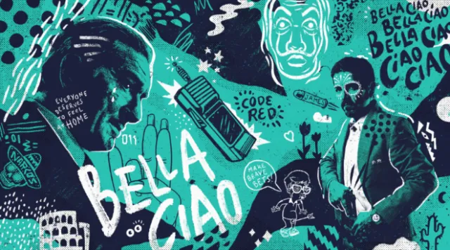 Illustration of singers and vintage microphone with Bella Ciao text by Andy Gellenberg