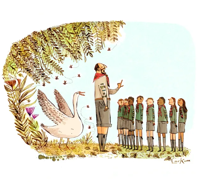 Scout leader addressing girl scouts with a large swan and plants, artwork by Adam Larkum