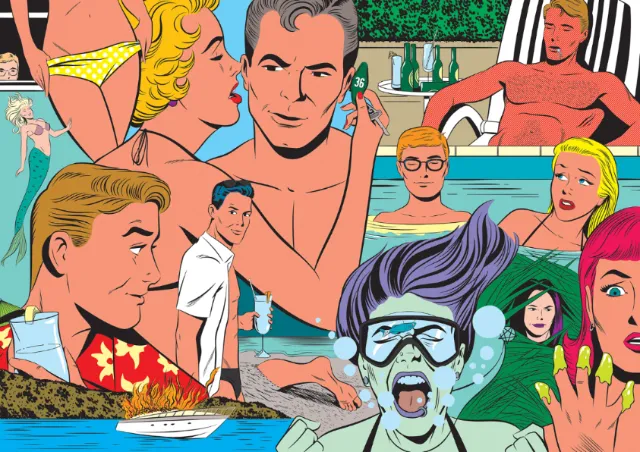 Album cover with people at pool party and underwater, pop art style by Joseph McDermott