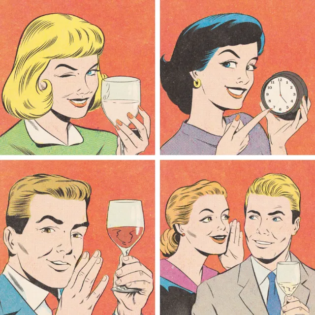 Retro illustrations of people with wine and clock by Joseph McDermott