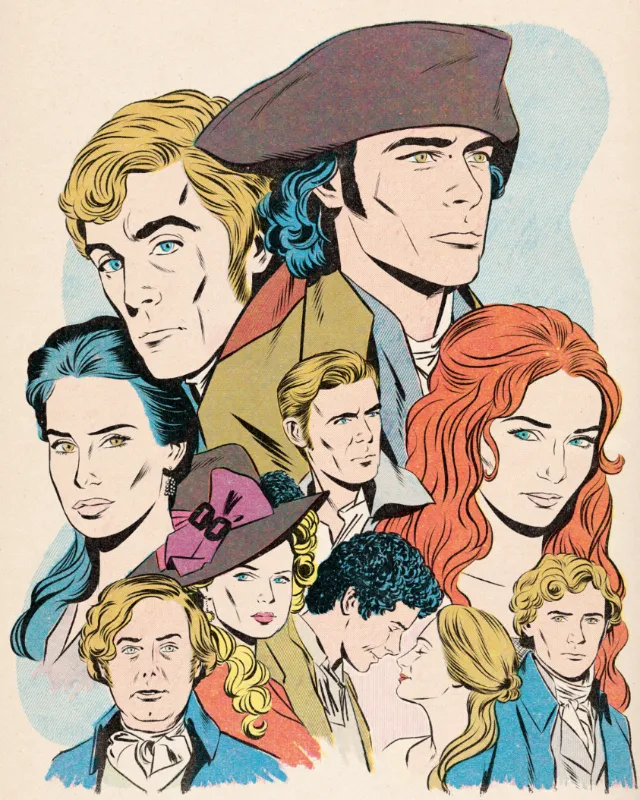 Poldark characters illustrated by Joseph McDermott in period attire and diverse poses