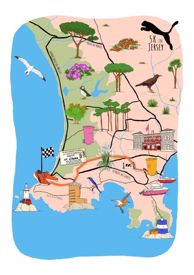 A map showing the 5K running route on Jersey Island