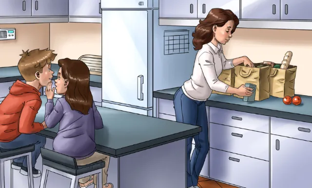 Woman unpacking groceries in kitchen with two children watching, by Rodrigo Araya