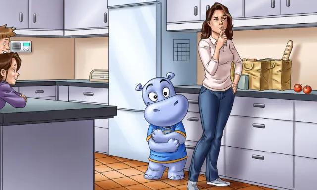 Woman and girl in kitchen with blue hippo plush toy by Rodrigo Araya