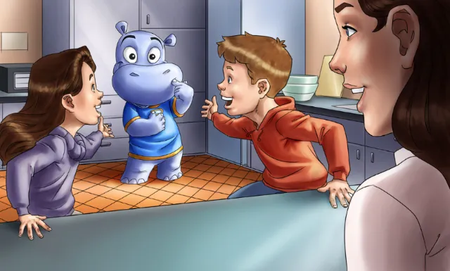 Two children interacting with a hippo character while woman watches, artwork by Rodrigo Araya
