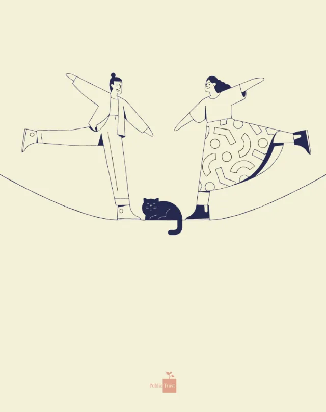 Graphic couple with pet dancing on rope
