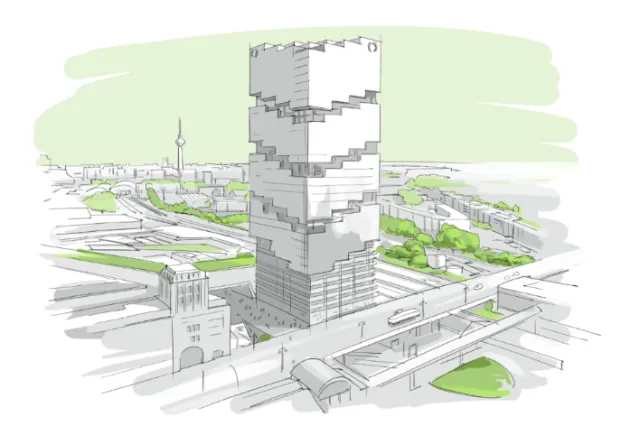 Illustration of a modern high-rise tower with external staircase by Björn von Schlippe