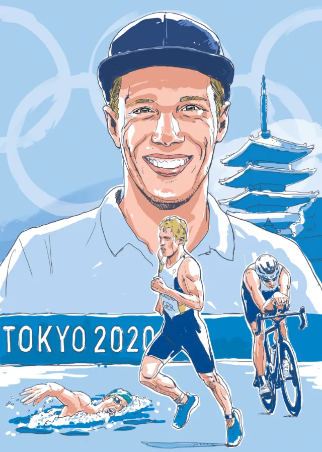 Tokyo 2020 triathlon athletes swimming, running, and cycling illustration by Andreas Schickert