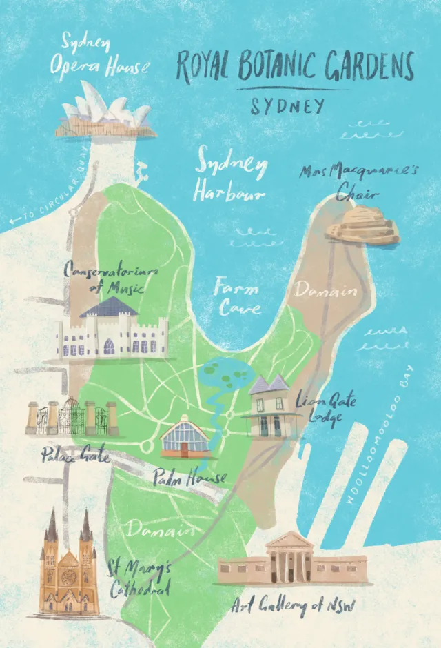 Illustrated map of Sydney Botanic Gardens with landmarks by Nathaniel Eckstrom