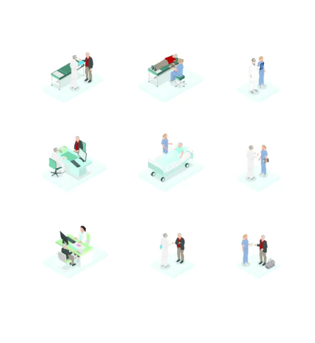 Isometric medical consultations and patient care scenes by Tobias Wandres