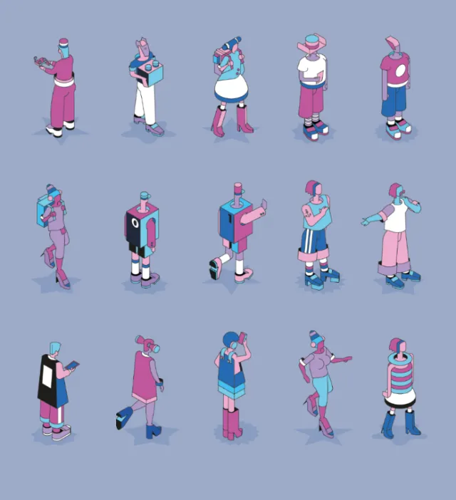 Isometric cartoon characters in various poses by Tobias Wandres