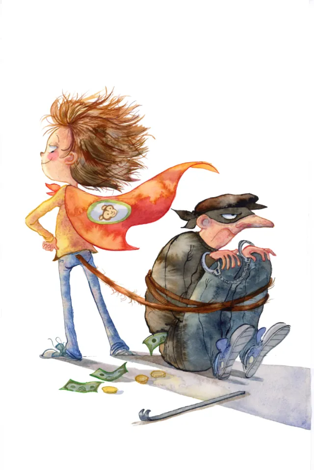 Child in red cape stands confidently next to tied-up burglar cartoon by Agnès Ernoult