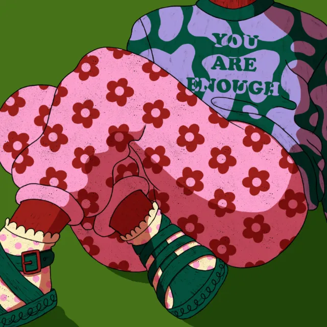 Illustration of person in patterned clothes saying You Are Enough by Rachel Winter