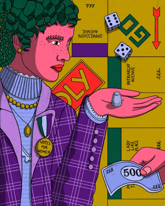 Illustration of woman with green hair playing Monopoly game by Rachel Winter