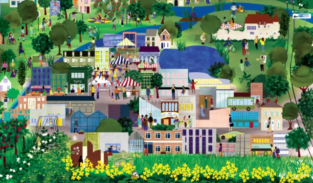 Colorful town with houses, lake, and trees in a detailed landscape by Jennifer Maravillas-Bell