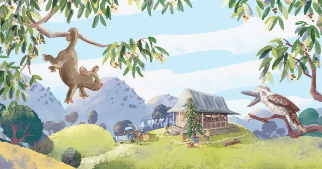 Illustration of Australian landscape with animals and rustic house by Nathaniel Eckstrom