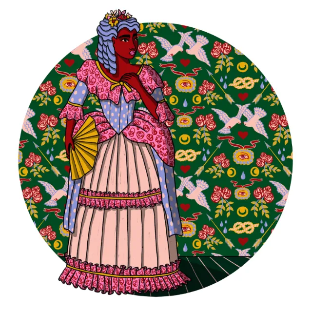 Illustration of a woman in patterned 18th-century attire by Rachel Winter