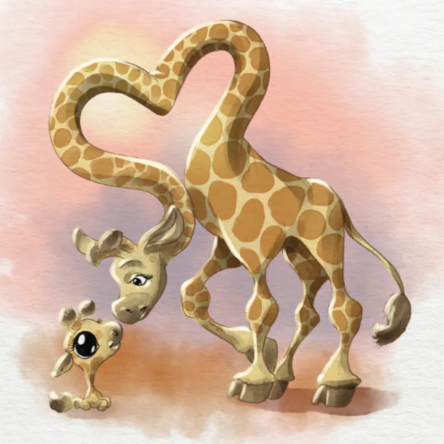 Giraffes bending necks to form heart shape, illustration by Carsten Mell