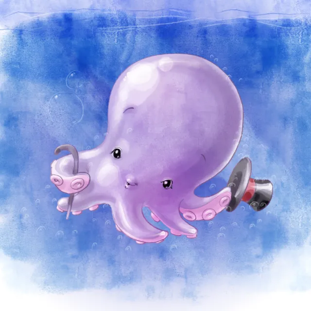 Cute purple octopus holding pipe and top hat by Carsten Mell