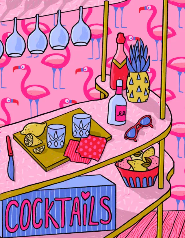 Personal illustration of a pink cocktail bar scene by Rachel Winter