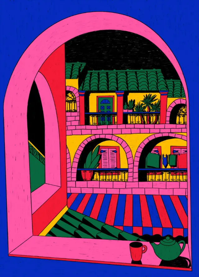 Colorful travel illustration of Greek architecture by Rachel Winter