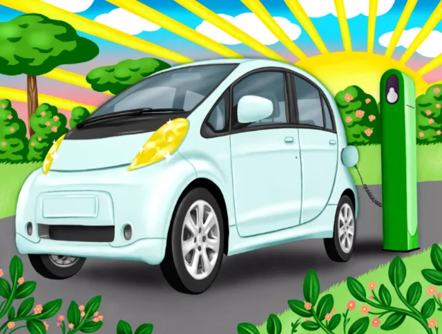 Electric car charging at station under sun by Juliette Toma