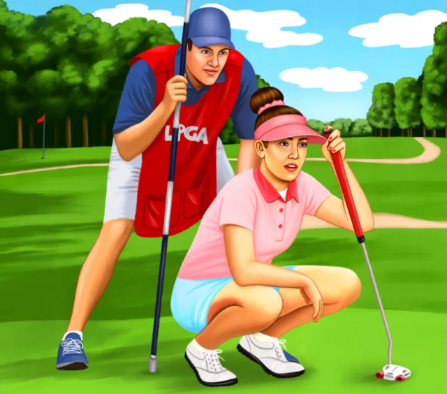 Female golfer lining up putt with caddie nearby by Juliette Toma