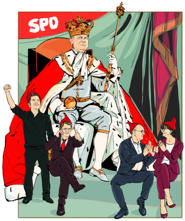 Political cartoon showing a king on throne with four people around, by Silke Bachmann