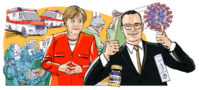 Illustration of German officials with COVID-19 virus, vaccine, and ambulance by Silke Bachmann